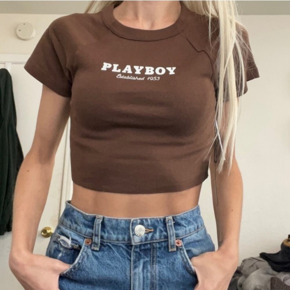 Playboy by Pacsun Brown Raglan Crop Top Baby Tee T-shirt
